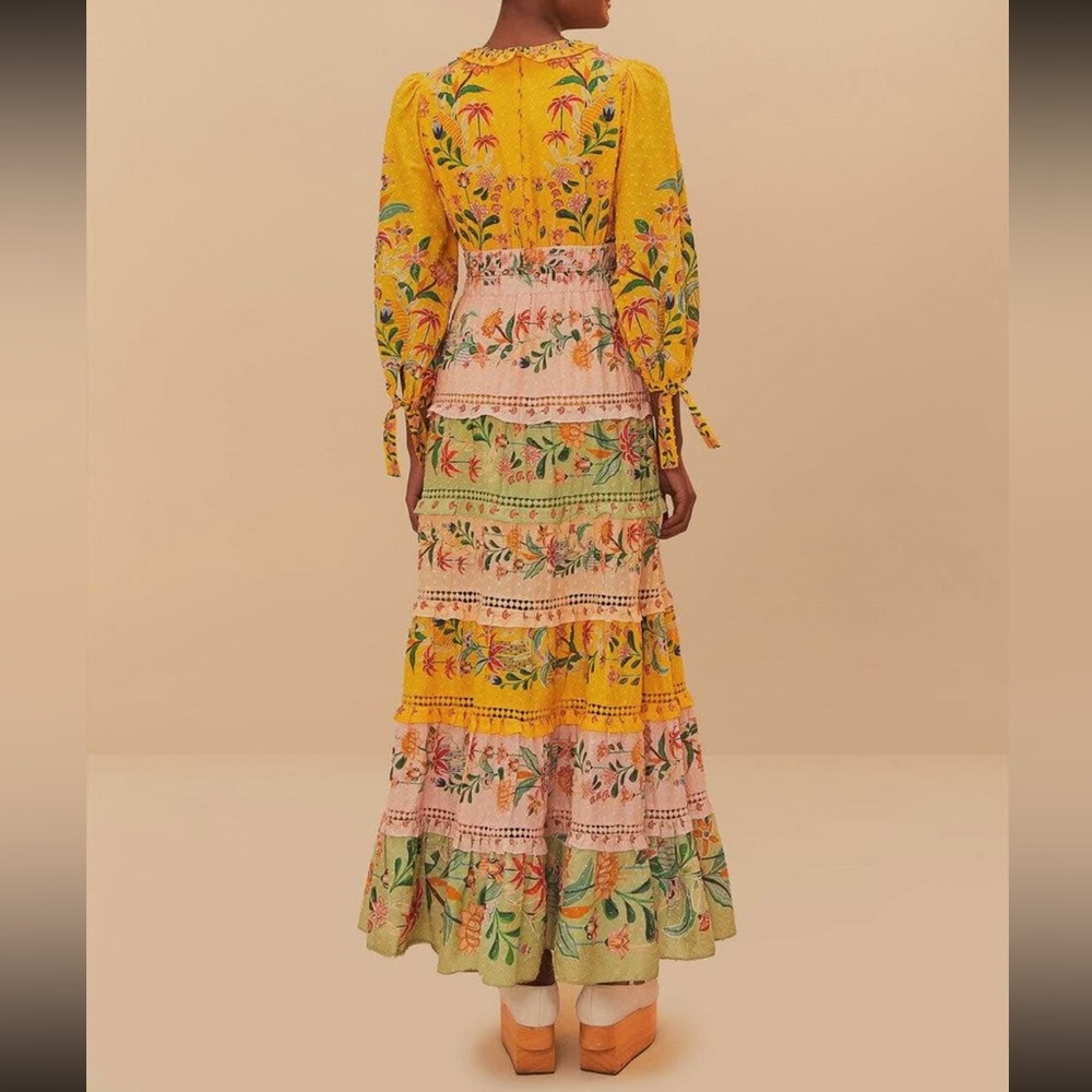 FARM Rio Yellow Tiered Maxi Dress Plunge Neckline Sleeveless - Picture 4 of 4